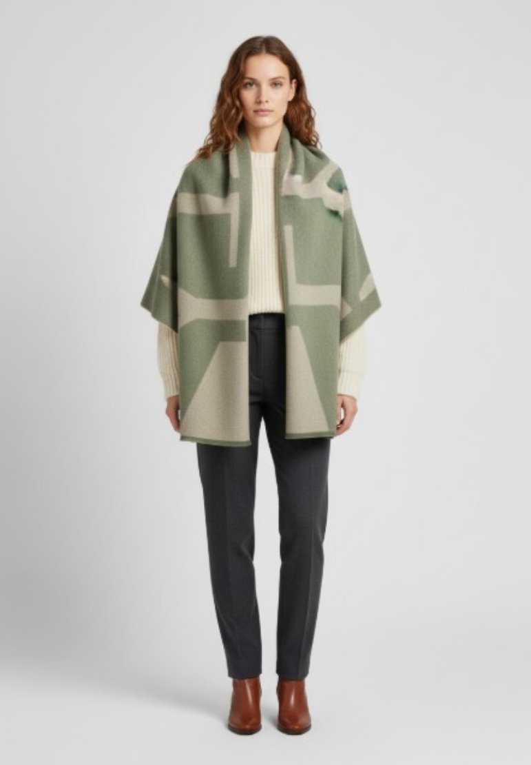 Châle wrap à motifs verts et beiges, en tissu doux, drapé sur les épaules avec une ouverture à l'avant, associé à un pantalon sombre et des bottes marron.