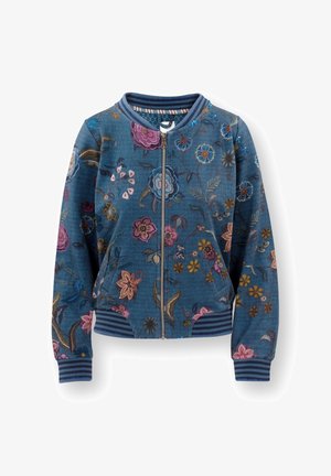 Blauwe bomberjack met bloemenborduurwerk in verschillende kleuren. Ritssluiting, gestreepte boorden en onderrand, en textiel met een gewafeld patroon.