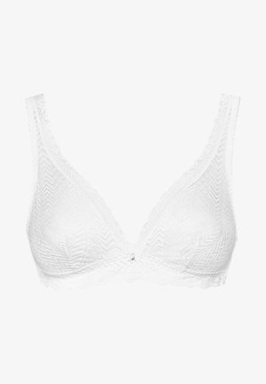 Reggiseno bianco in pizzo a forma triangolare, con motivo a zigzag e bordi fregiati. Ha un piccolo gioiello decorativo al centro.