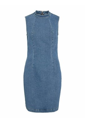 Denimkjole med ermeløs design, høy hals, tettsittende silhuett og vertikale sømmer. Fargen er middels blå med minimal slitasje.