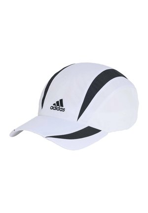 Gorra deportiva blanca de Adidas con rayas negras curvas y visera curva, diseñada para uso deportivo al aire libre.