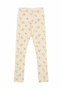 Leggings color beige chiaro con un motivo floreale caratterizzato da fiori multicolori e foglie verdi. Realizzati in un tessuto morbido e elastico.
