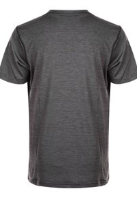 Kortärmad t-shirt med rund halsringning i mörkgrått, gjord av ett strukturerat, lätt tyg med en slät yta och subtilt mönster.