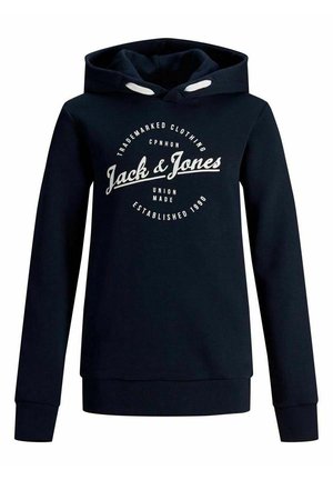 Hættetrøje i marineblå lavet af blødt materiale. Har hvidt trykt logo og tekst på forsiden samt justerbare snore.