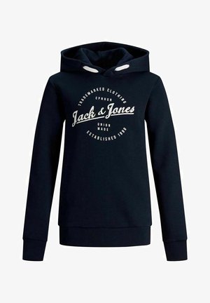 Granatowa bluza z kapturem wykonana z miękkiego materiału. Na przodzie znajduje się biały nadruk z logo i tekstem, a także regulowane sznurki.