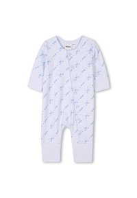 Body en coton bleu clair pour bébé avec motifs animaliers, manches longues, fermeture à pression sur le devant et poignets contrastés. Texture douce, design décontracté.