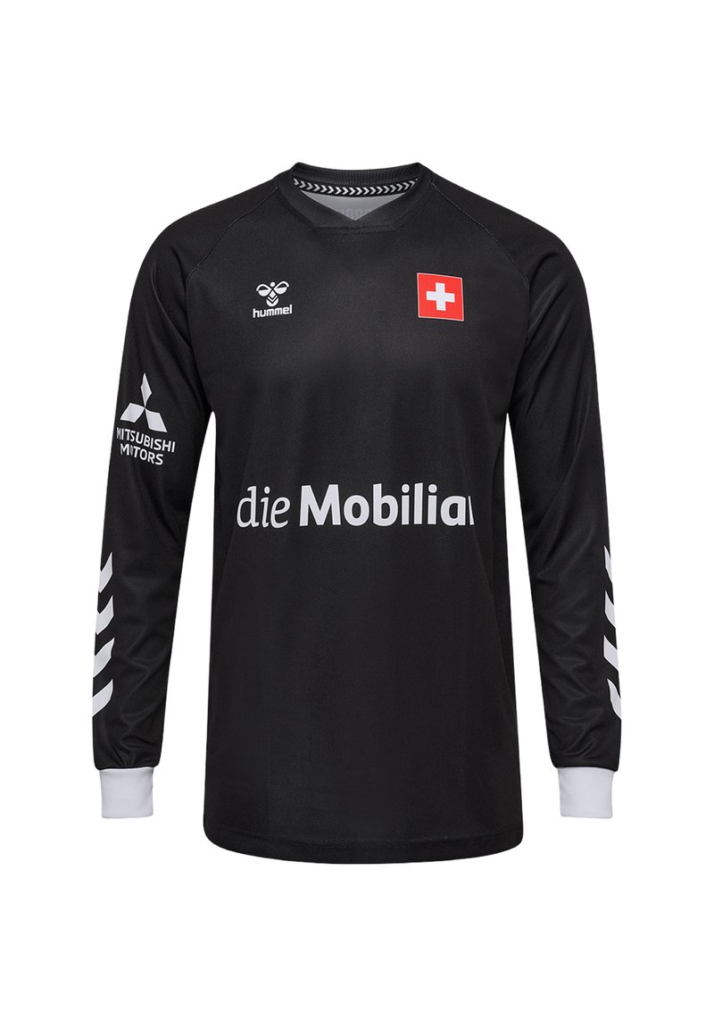 Schwarzes Sporttrikot mit langen Ärmeln und weißen Akzenten. Mit einem roten Schweizer Fahnenaufnäher, Markenlogos und einem runden Ausschnitt.