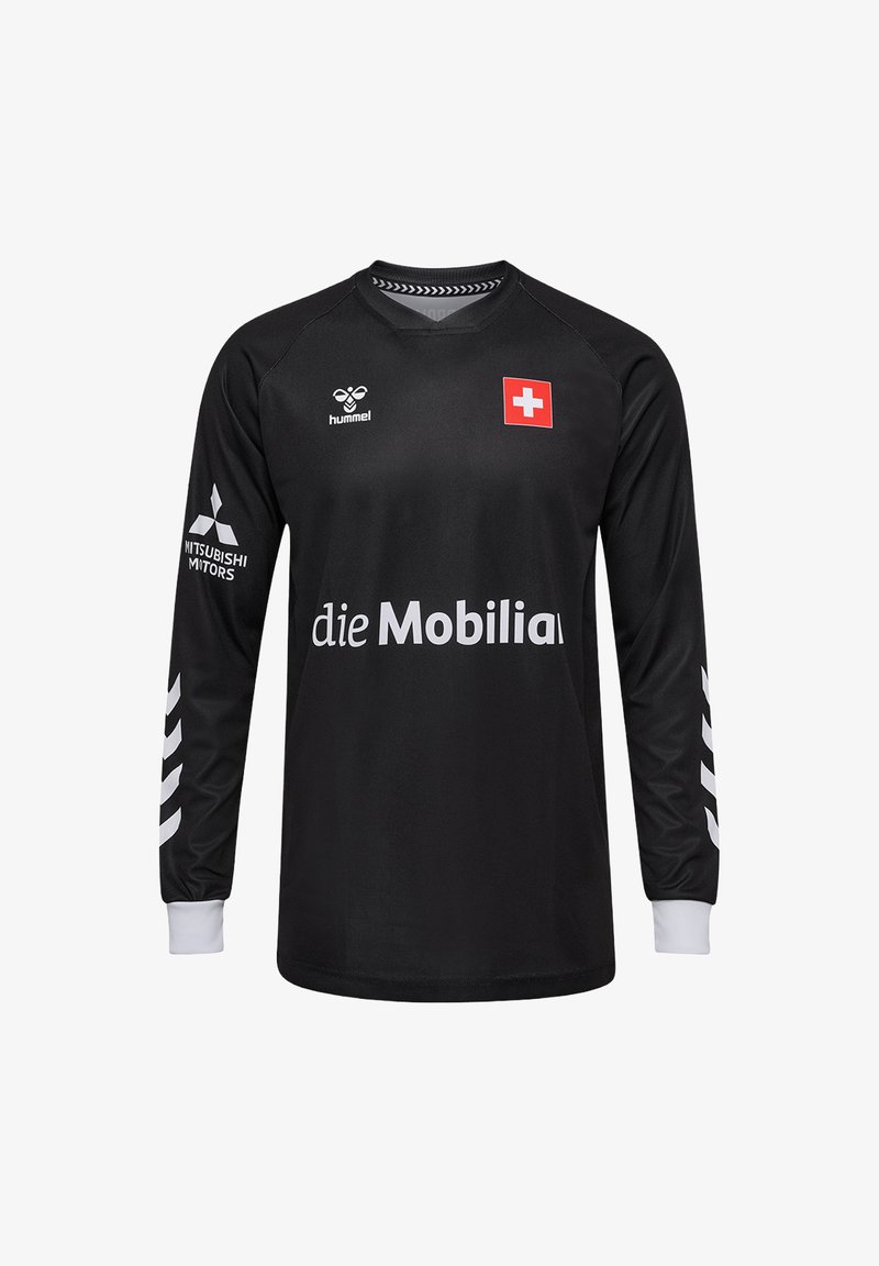 Schwarzes Sporttrikot mit langen Ärmeln und weißen Akzenten. Mit einem roten Schweizer Fahnenaufnäher, Markenlogos und einem runden Ausschnitt.