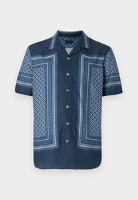Short-sleeve, navy shirt featuring light blue geometric patterns. Button-front design with a spread collar. Smooth, woven texture.