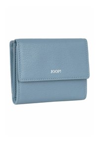 Portafoglio in pelle blu con finitura testurizzata, design pieghevole e logo argentato sulla parte anteriore. Dimensioni compatte per un facile trasporto.