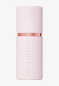 Rosa sylinderformet flaske med teksturert matt overflate, med gullaccentuer og preget "REVOLUTION" tekst på den ene siden.