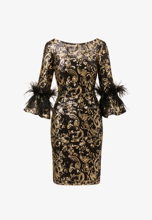 Abito nero con paillettes e motivi floreali dorati, scollatura off-shoulder e maniche a sbuffo con dettagli in piume nere ai polsi.
