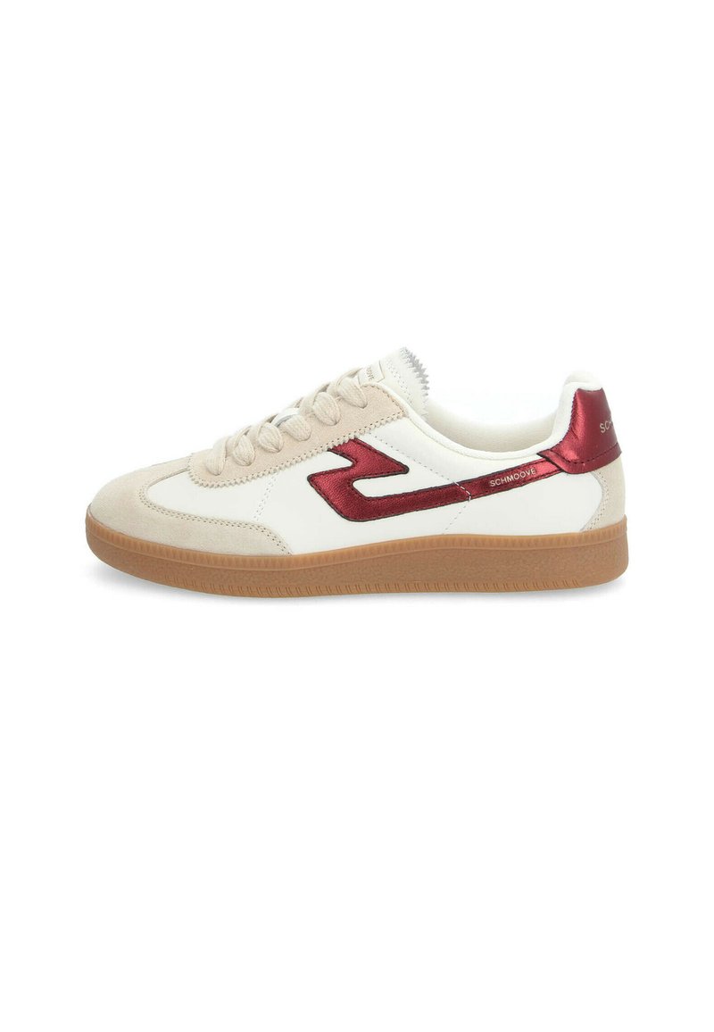 White sneaker with beige suede toe and burgundy accent on the sides, features a gum rubber sole, round laces, and a padded collar.