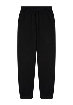 Pantalones de chándal negros hechos de una tela suave, con una cinturilla elástica y puños ajustados. Diseño minimalista sin patrones ni acentos visibles.