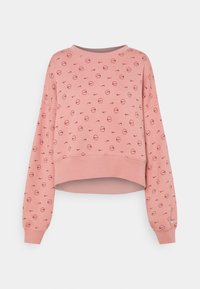 Rosa kortärmad sweatshirt med långa ärmar, röd Nike swoosh och basketmönster, ribbade muddar och nederkant, uppvisad mot vit bakgrund.