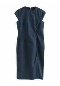 Denim dress featuring short cap sleeves, a round neckline, a button-up front, and an A-line silhouette in dark blue.
