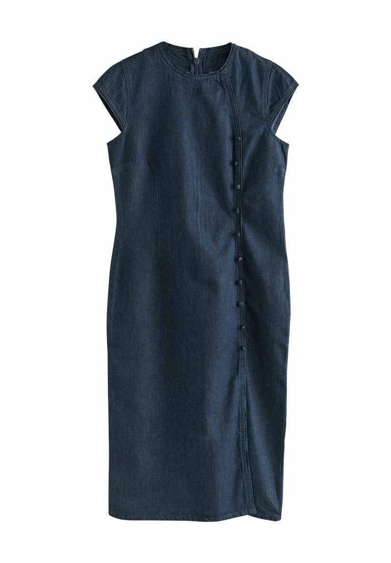Denim dress featuring short cap sleeves, a round neckline, a button-up front, and an A-line silhouette in dark blue.