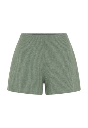 Pehmed soonikkoes lühikesed püksid summutatud rohelises toonis, millel on elastne vöökoht ja sirge äärele, mõeldud igapäevaseks kandmiseks.