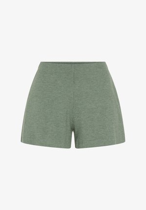 Pantalones cortos de punto acanalado suave en verde apagado con cintura elástica y dobladillo recto, diseñados para uso casual.
