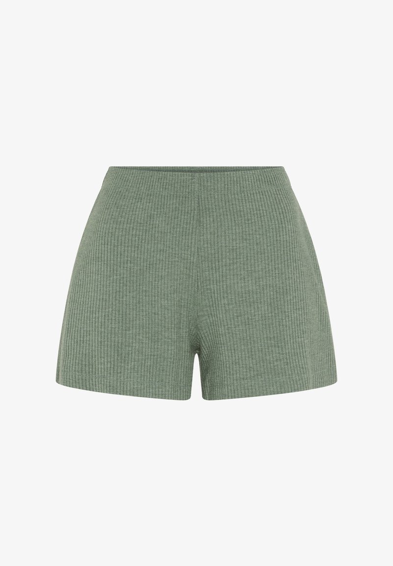 Bløde ribstrikkede shorts i dæmpet grøn med elastisk taljebånd og lige kant, designet til afslappet brug.