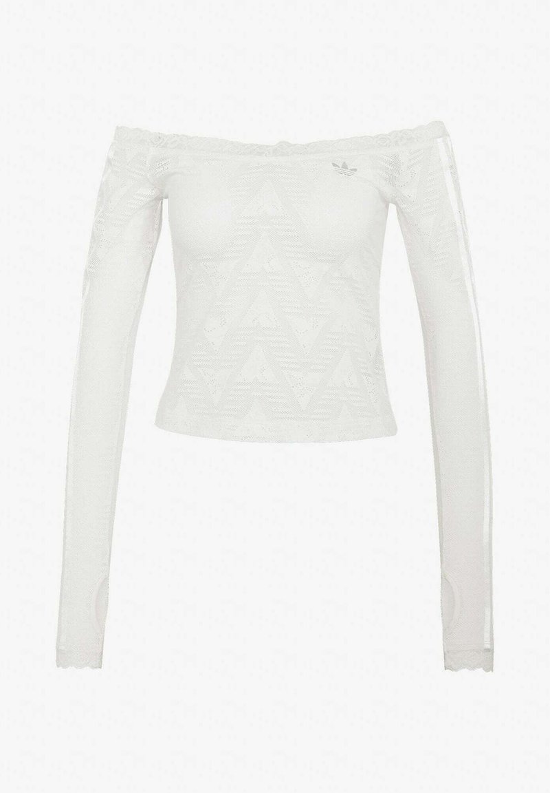 Weißes schulterfreies Langarm-Spitzenoberteil mit dezenten geometrischen Mustern und Adidas-Logo auf der Brust, mit Daumenlöchern an den Ärmeln.