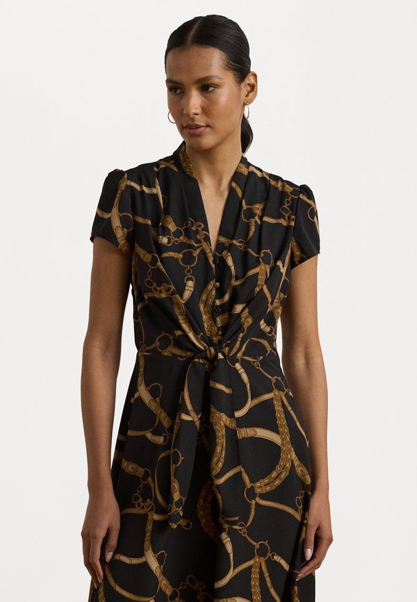 Belting Print Crepe Tie Front Dress - Shirt dress