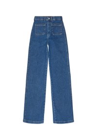 Jean en denim bleu taille haute avec jambes larges et deux poches carrées à l'arrière, présenté à plat sur fond blanc.