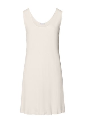 Robe sans manches de couleur crème clair, présentant un encolure ronde et une silhouette fluide en A. Confectionnée dans un tissu doux et lisse avec un léger éclat.