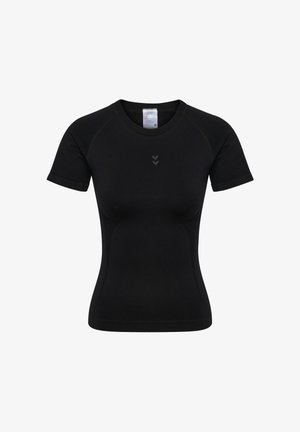 Black short-sleeve athletic shirt made of smooth fabric. Features a round neckline and subtle front logo. Stitching detail along seams.