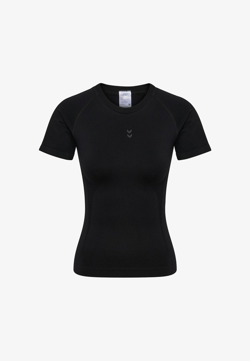 Schwarzes, kurzärmliges Sportshirt aus glattem Stoff. Verfügt über einen Rundhalsausschnitt und ein dezentes vorderseitiges Logo. Nahtdetails entlang der Nähte.