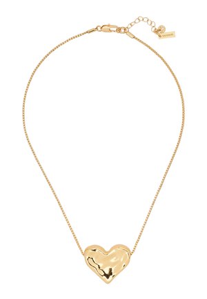 Gold chain necklace with a textured, irregular heart-shaped pendant and adjustable clasp with a small brand tag.