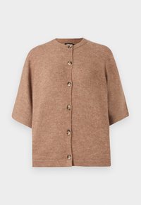Brun kortermet cardigan laget av mykt stoff, med rund hals og seks lyse knapper foran.