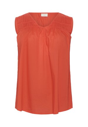 Käeaugu ja särava korallide ülikonna ülikond, millel on V-kaelus, õlgadel on kortsutatud detailid ja lõtv, voolav siluett.