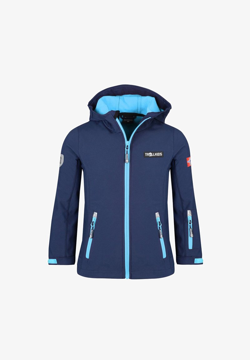 Navy blue jacket with light blue accents, zip pockets, and a hood. Features a logo and contrasting inner lining. Smooth, durable fabric.