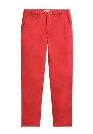 Rode casual broek met rechte pijpen, zijzakken, riemlussen, knoopsluiting en een zichtbaar merkembleem aan de binnenkant van de tailleband.