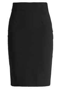 Schwarzer Bleistiftrock, taillierte Passform, knielang, mit glatter Textur und vorderen Nahtdetails. Keine sichtbaren Taschen oder Verschlüsse.