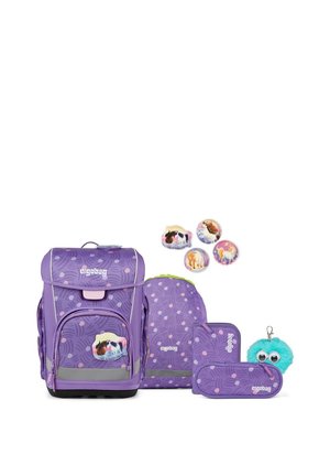 Purple polka-dot ergobag backpack set with matching pencil case, bag cover, keychain, and horse-themed decorative patches.
