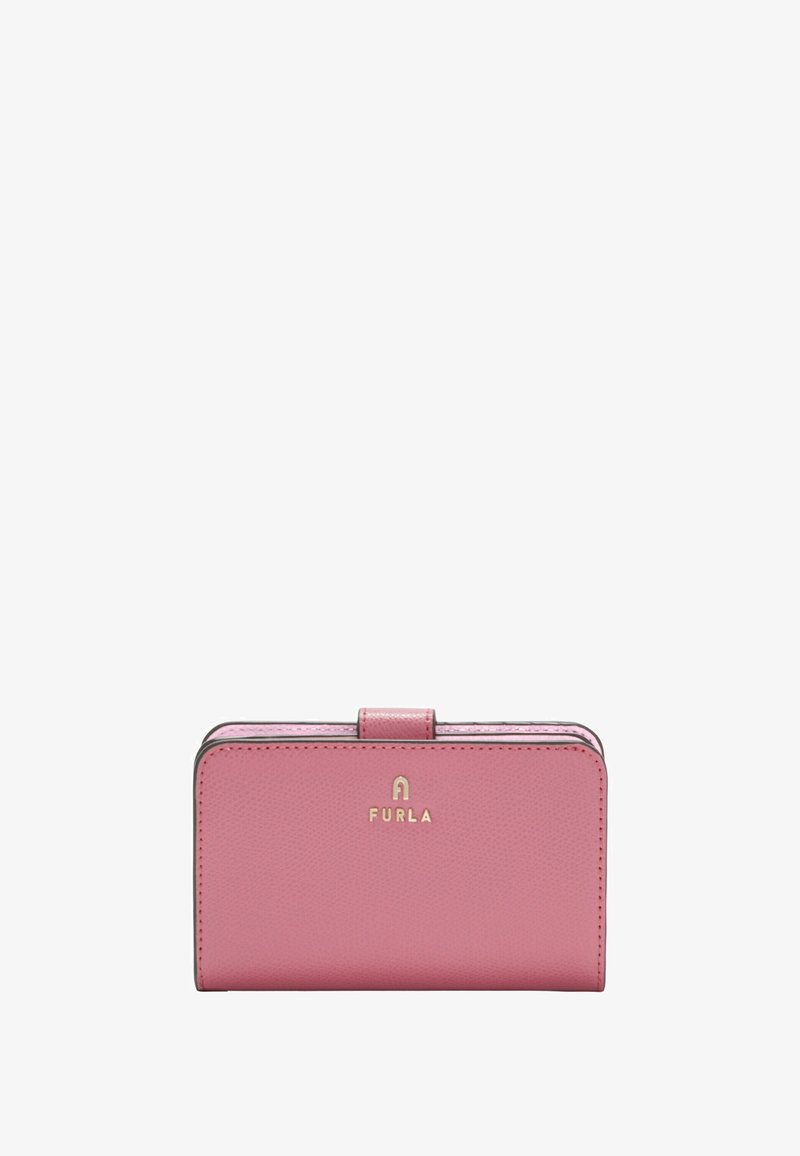 Pink leather wallet with a textured finish, gold hardware logo, and a clasp closure. Compact design with rounded edges.