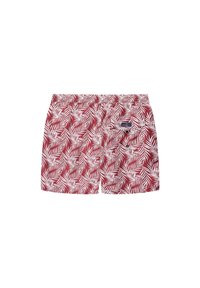 Pantaloni da bagno rossi con motivo a foglia bianca, vita elastica e una piccola tasca laterale. Realizzati in tessuto leggero e ad asciugatura rapida.