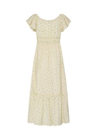 Robe maxi crème à épaules dénudées avec manches courtes volantées et petit imprimé floral vert, dotée d'une taille froncée et d'un volant à l'ourlet.