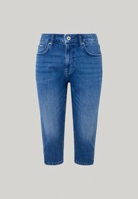Džínové capri kalhoty v světle modré barvě s vybledlým efektem, s pěti kapsami, poutky na pásek a zipem na zapínání s knoflíkem.