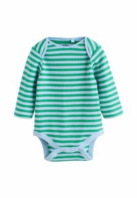 Zeleno-bíle pruhovaný dlouhý rukáv bodysuit vyrobený z ribovaného materiálu s světle modrými detaily a patentkami na spodní části.