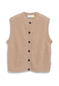 Mouwloos beige gebreid vest met een ronde halslijn, voorzien van zes zwarte knopen aan de voorkant en geribbelde randen voor textuur.