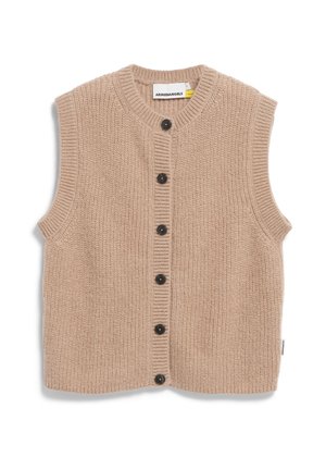 Mouwloos beige gebreid vest met een ronde halslijn, voorzien van zes zwarte knopen aan de voorkant en geribbelde randen voor textuur.