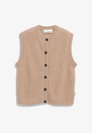 Mouwloos beige gebreid vest met een ronde halslijn, voorzien van zes zwarte knopen aan de voorkant en geribbelde randen voor textuur.