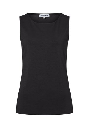 Zwart mouwloos damestopje met ronde hals, nauwsluitende pasvorm en "More & More" merklabel aan de binnenkant van de kraag.