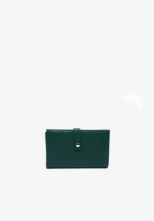 Green leather wallet with embossed pattern, rectangular shape, snap-button closure, and smooth texture.