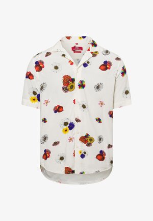 Kurzärmeliges weißes Hemd mit einem floralen Muster in verschiedenen Farben, ausgestattet mit Knöpfen und einem lockeren Schnitt mit abgerundetem Saum.