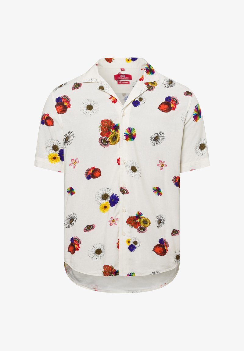 Kurzärmeliges weißes Hemd mit einem floralen Muster in verschiedenen Farben, ausgestattet mit Knöpfen und einem lockeren Schnitt mit abgerundetem Saum.