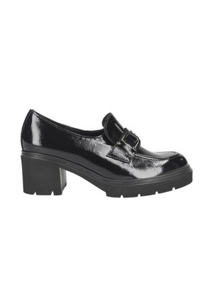 Black patent leather loafer with a rectangular buckle detail. Thick, textured heel and a chunky sole. Smooth finish with minimal stitching.